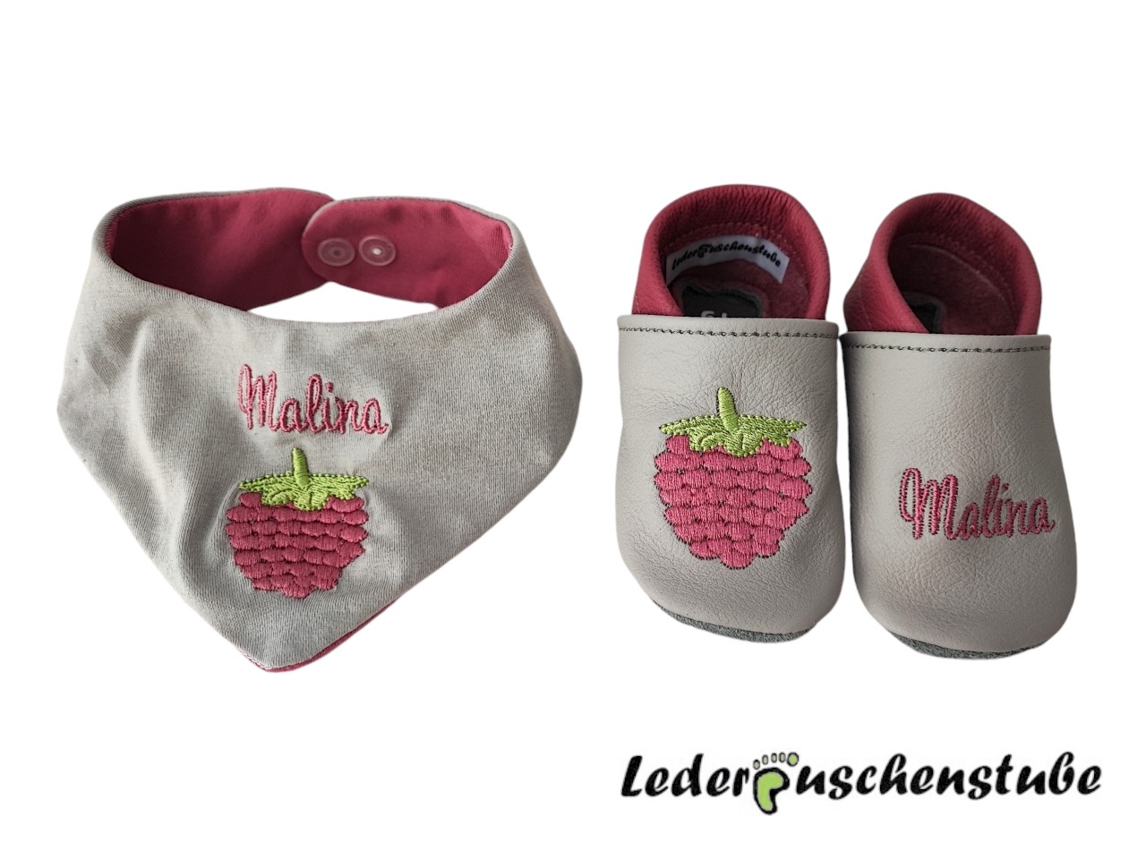 Set Lederpuschen Wende Halstuch mit Namen und Himbeere