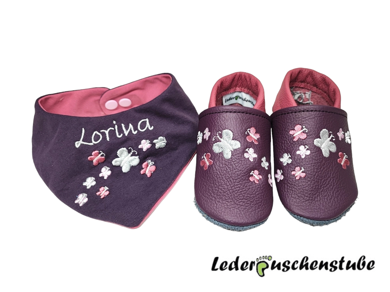 Geschenke Set Lederpuschen & Wendehalstuch mit Namen und 9 Schmetterlinge