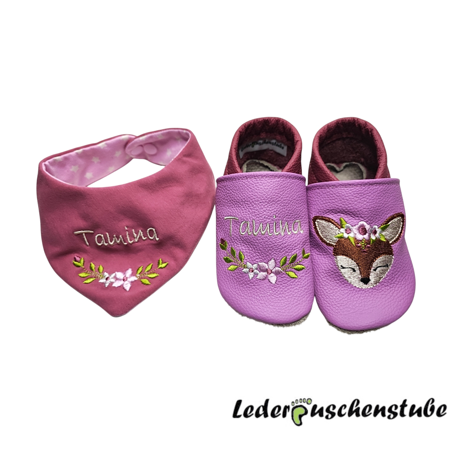 Geschenke Set Lederpuschen Wendehalstuch mit Namen Ranke 3 und Boho Reh