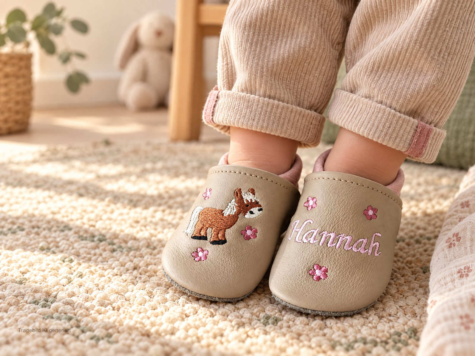 Beispielbild handgefertigter personalisierter Lederpuschen an Kinderfüßen mit Pony- und Blumenstickerei