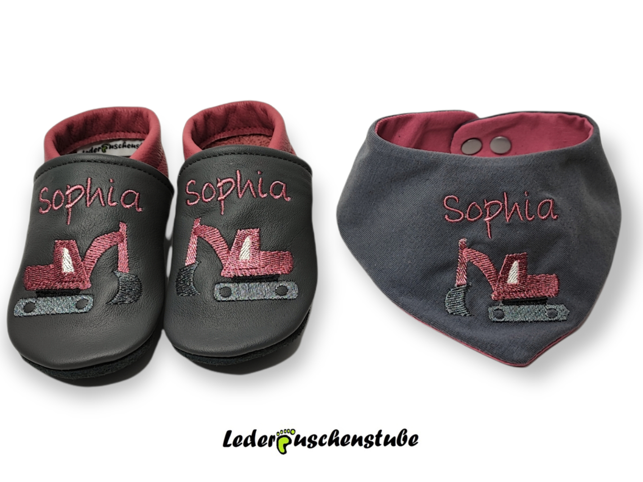 Lederpuschen Wende Halstuch mit Namen und Bagger