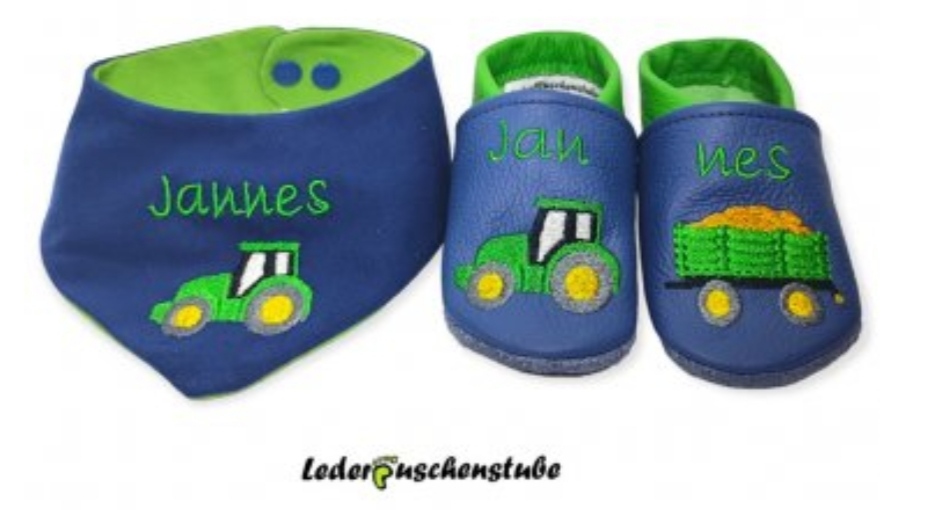 Set Lederpuschen Wendehalstuch Traktor Anhängerladung Namen