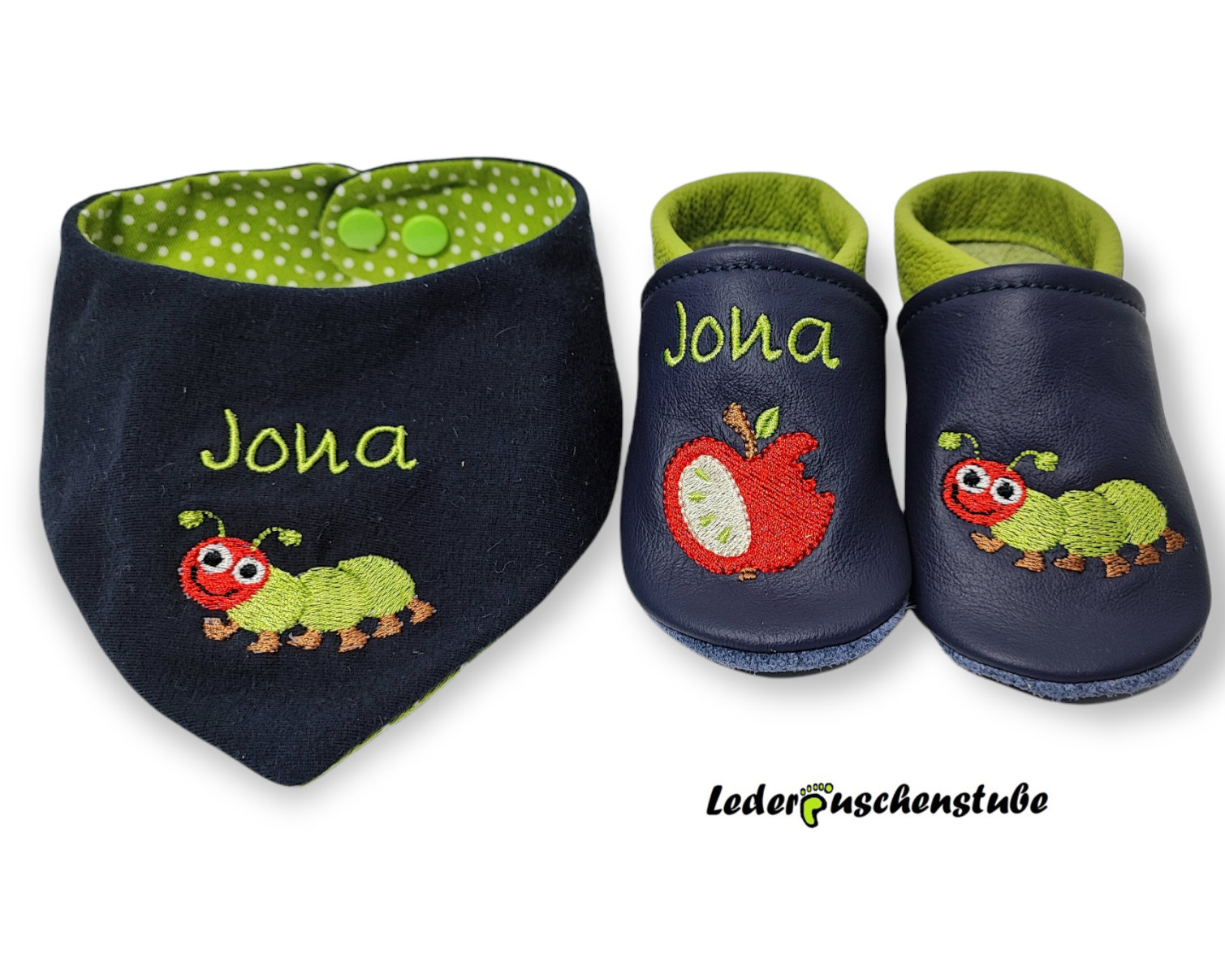 Set Wemdehalstuch Lederpuschen Raupe Apfel Namen