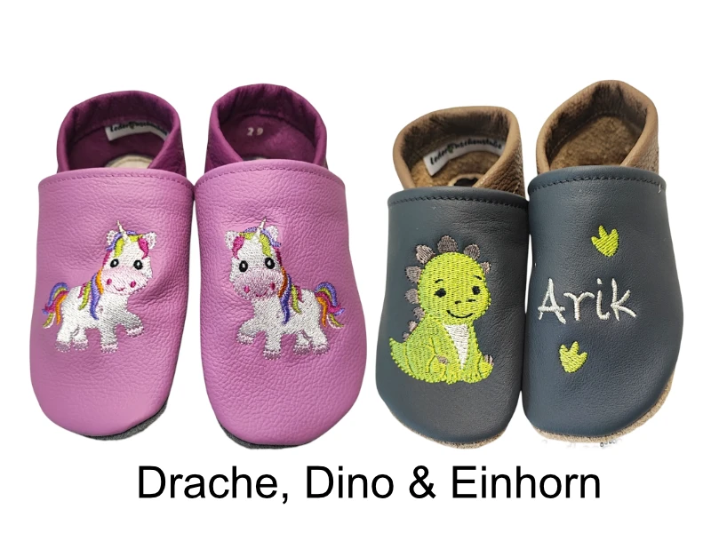 Personalisierte Lederpuschen mit Dino und Einhorn, auf Wunsch mit Namen
