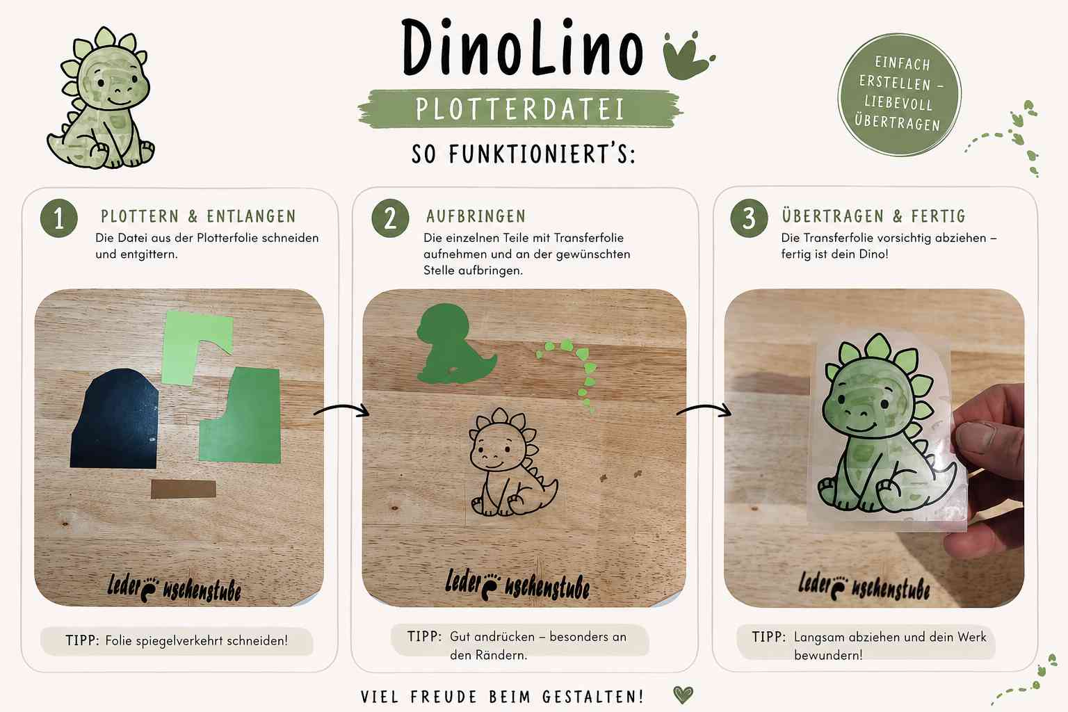 Arbeitsschritte gezeigt mit der Plotterdatei DinoLino