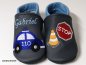 Preview: Lederpuschen  anthrazit-hellblau mit Namen hellblau rechts Polizeiauto Stop Kegel