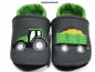 Preview: Lederpuschen anthrazit-mittelgrün mit Stickerei Traktor und Anhängerladung mittelgrün-grau-maisgelb