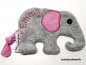 Preview: Schmusetuch Elefant mit Namen altrosa, Körper Fleece grau, Ohr und Schwanz Baumwolle altrosa Punkte weiß