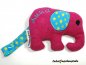 Preview: Stofftier elefant Fleece pink, Ohr und Schwanz Jersey türkis Sterne gelb, Füllwatte und Druckknopf lichtblau