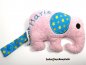 Preview: Stofftier Elefant Frottee rosa, Ohr und Schwanz Jersey türkis Sterne gelb, Namen türkis, Füllwatte und Druckknopf lichtblau