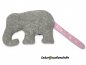 Preview: Schmusetuch Elefant Vorder- und Rückseite Fleece grau, Ohr und Schwanz Jersey rosa Sterne weiß, Namen rosa
