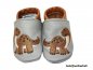 Preview:  Lederpuschen grau-braun und Stickerei Dinosaurier (braun-dunkelbraun-creme