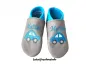 Preview: Lederpuschen steingrau lichtblau mit beiderseits Namen und Auto lichtblau