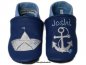 Preview: Lederpuschen jeansblau-hellblau,  Namen hellblau links am Spann und Papierboot Die Krabbel Krabbe und Anker Rock Queen