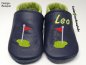 Preview: Lederpuschen dunkelblau-hellgrün mit Namen rechts am Spann hellgrün und Stickerei Golffahne (hellgrün-grau-rot)