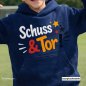 Preview: Plotterdatei Schuss und Tor! Design auf einem blauen Kinder Hoddy