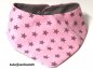 Preview: Wende Halstuch Baumwolle grau und Baumwolle rosa Sterne anthrazit,  mit Namen rosa und Stickerei Bagger gelb Lederpuschenstube, Druckknopf rosa