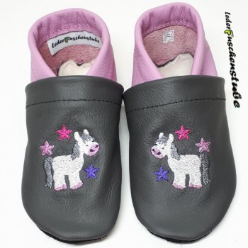 Lederpuschen-anthrazit-orchidee-beiderseits-Einhornpony-weiß-anthrazit-rosa-Sterne-llila-rosa-pink