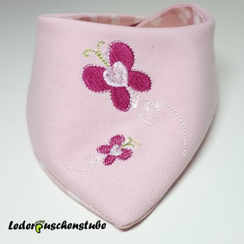 Wende-Halstuch Jersey (rosa), 2 Schmetterlinge (pink, rosa, hellgrün) Die Krabbel Krabbe, Rückseite Baumwolle rosa Wolken weiß,Druckknopf rosa