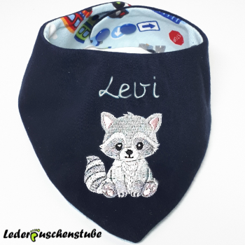 Wende-Halstuch Jersey dunkelblau, Bär sitzt (braun-creme-hellbraun-schwarz-weiß), Name (hellgrün), Jersey hellgrün Punkte weiß, Druckknopf hellgrün
