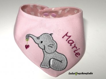 Wende-Halstuch Jersey (rosa), Elefant mit Herz von die Krabbe Krabbe, Name pink, Rückseite Baumwolle rosa Wolken weiß,Druckknopf rosa