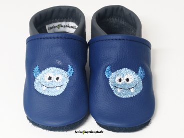 Babypuschen jeansblau-anthrazit mit Monsterkopf hellblau-lichtblau