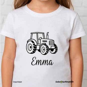 Design Beispiel des Bügelbildes Traktor nur Kontur auf einem weißen T Shirt
