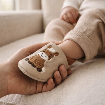 Lederpuschen mit Stickerei Pony Ida design am Fuß