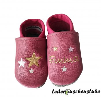 Lederpuschen altrosa-pink mit Namen gold Sterne gold rosa grau 
