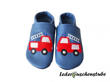 Lederpuschen jeansblau, beiderseits Feuerwehr 5