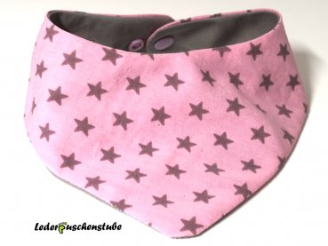 Wende Halstuch Baumwolle grau und Baumwolle rosa Sterne anthrazit,  mit Namen rosa und Stickerei Bagger gelb Lederpuschenstube, Druckknopf rosa