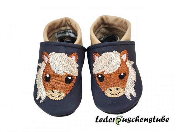 Lederpuschen dunkelblau-beige mit beiderseits Stickerei Ponykopf (braun-beide-hellbraun-rosa-schwarz-weiß)