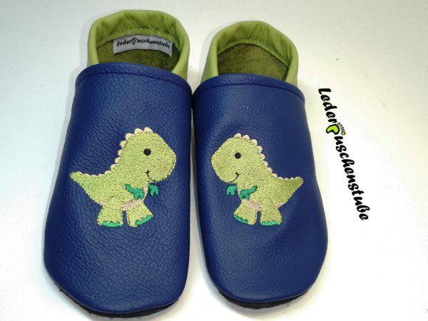 Lederpuschen - Krabbelschuhe jeansblau-hellgrün  Stickerei Dino Lederpuschenstube