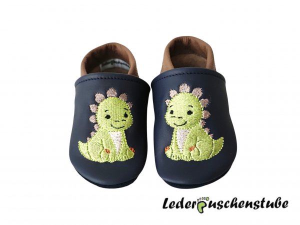 Lederpuschen in anthrazit-cappuccino und Stickerei DinoLino in Größe 20