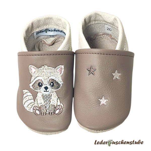 Größe 20 Lederpuschen Waschbär Tapsi & Sterne , Lederpuschen in cappuccino-creme, schneller Versand