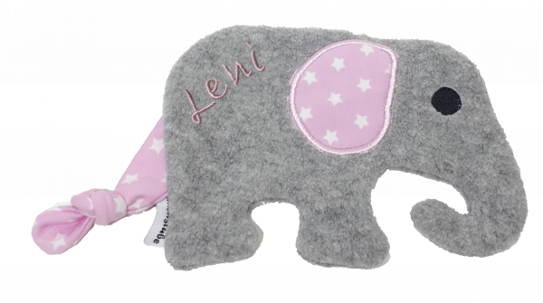 Schmusetuch Elefant Vorder- und Rückseite Fleece grau, Ohr und Schwanz Jersey rosa Sterne weiß und Namen rosa