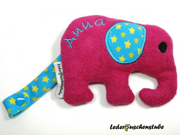 Stofftier elefant Fleece pink, Ohr und Schwanz Jersey türkis Sterne gelb, Füllwatte und Druckknopf lichtblau