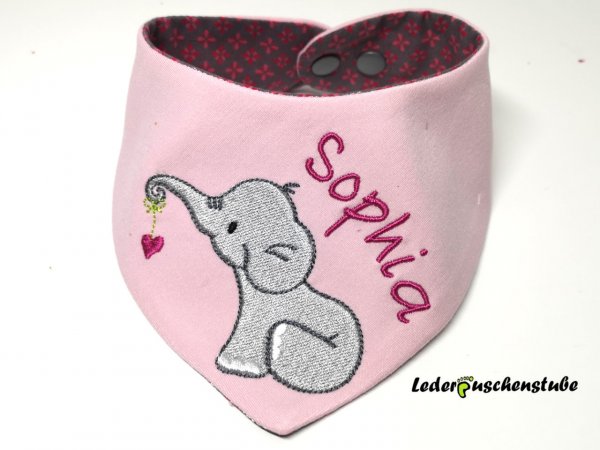 Wende-Halstuch Jersey (rosa), Elefant mit Herz pink von die Krabbe Krabbe, Namen pink, Rückseite Baumwolle grau Muster pink-rosa, Druckknopf silber