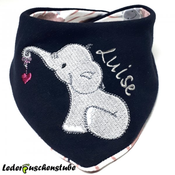 Wende-Halstuch Jersey dunkelblau, Elefant mit Herz(grau, pink) Die Krabbel Krabbe, Name (grau), Rueckseite Jersey Sonne Mond..., Druckknopf grau