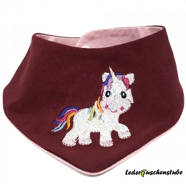 Wende-Halstuch Vorderseite Jersey pflaume, Einhorn von Tanja macht Geschenke, Rückseite Jersey rosa meliert, Druckknopf rosa