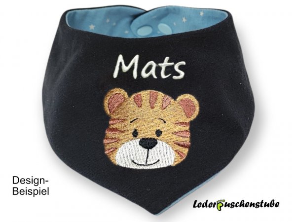 Wende-Halstuch Vorderseite Jersey (dunkelblau), Namen weiß, Tigergesicht, Rückseite Jersey hellblau Sterne weiß, Druckknopf hellblau