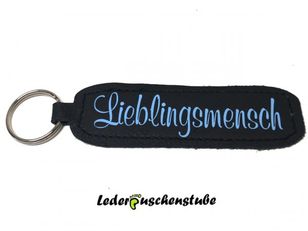 Leder Schlüsselanhänger schwarz, Lieblingsmensch (Flexfolie hellblau)