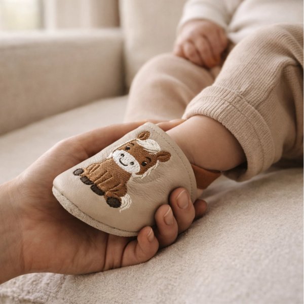 Lederpuschen mit Stickerei Pony Ida design am Fuß