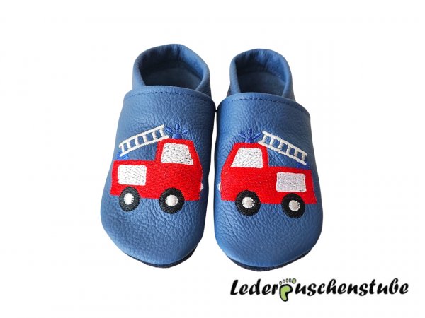 Lederpuschen jeansblau, beiderseits Feuerwehr 5