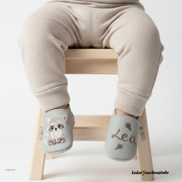 Getragene Lauflernschuhe personalisiert – Handgemachte Lederpuschen an Babyfüssen mit Stickerei Waschbär Tapsi ((KI-generiertes Bild))