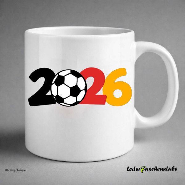 Plotterdatei 2026 Fußball ohne Umrandung schwarz Design auf einer weißen Tasse