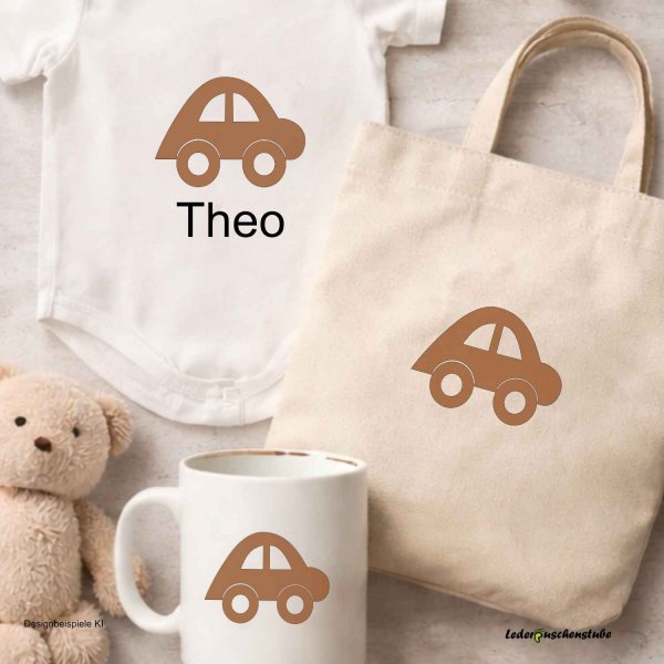 Plotterdatei Auto Designbeispiel auf Tasche, Babybody und Tasse, Auto in braun