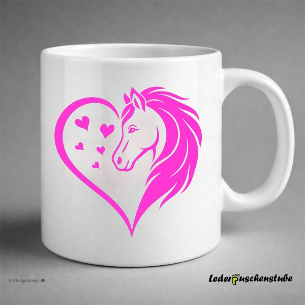 Designbeispiel auf einer weißen Tasse mit Plotterdatei Herz Pferd in pink