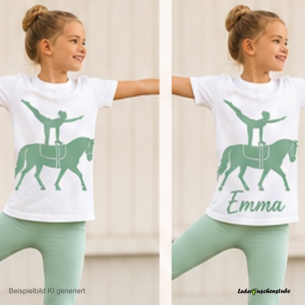 Designbeispiel auf einen Kinder T Shirt mit Plotterdatei Pferd Voltigieren mit oder ohne Namen