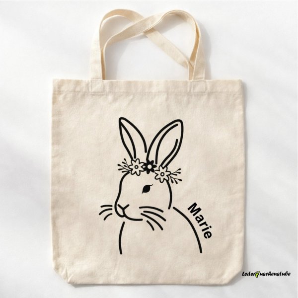 Plotterdatei Hase mit Blumenkranz Design auf einen Jutebeutel